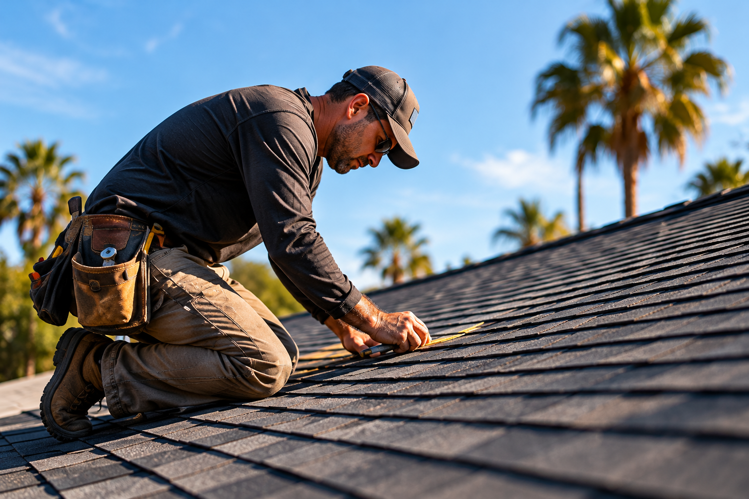roofer kneeling on sunlit shingles